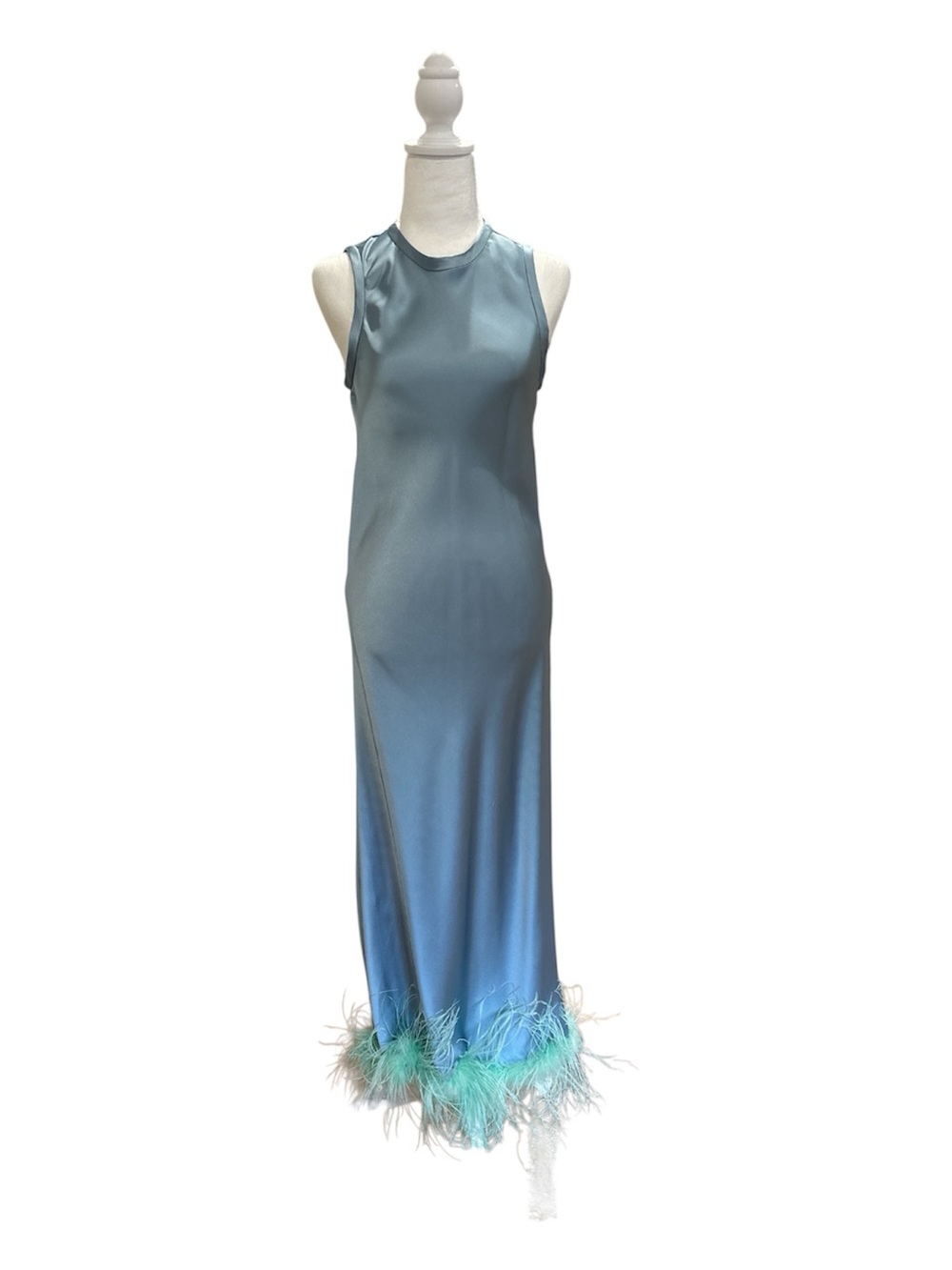 Satin Feather-Hem Maxi Dress in Seafoam Blue